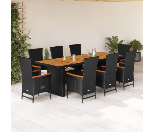 Set de comedor de jardín 9 pzas y cojines ratán sintético negro