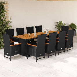 Set de comedor jardín 11 pzas con cojines ratán sintético negro
