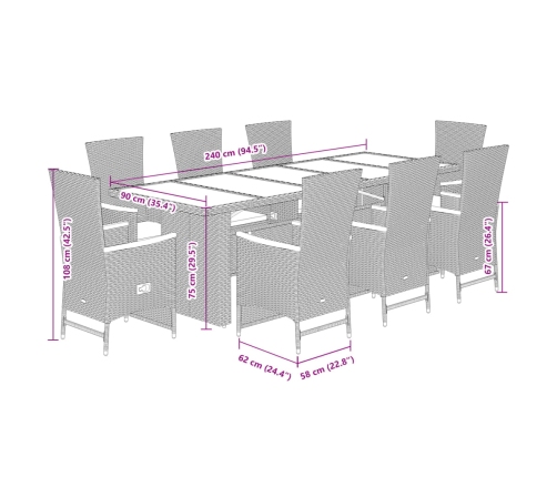 Set de comedor de jardín 9 pzas y cojines ratán sintético negro