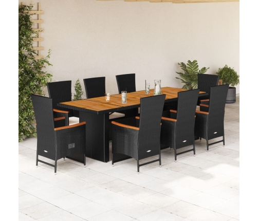 Set de comedor de jardín 9 pzas y cojines ratán sintético negro
