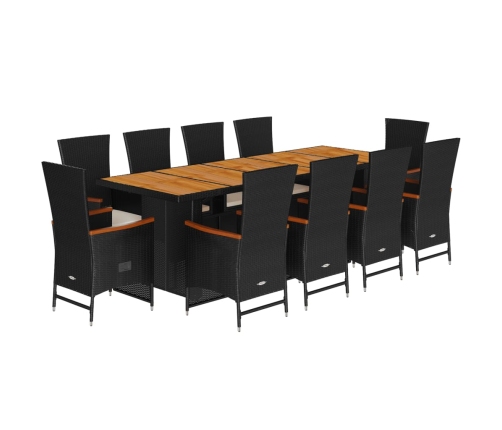 Set de comedor jardín 11 pzas con cojines ratán sintético negro