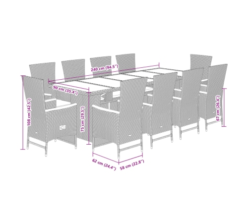 Set de comedor jardín 11 pzas con cojines ratán sintético negro