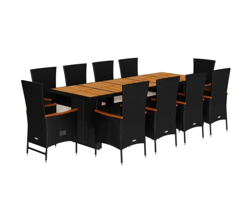Set de comedor jardín 11 pzas con cojines ratán sintético negro