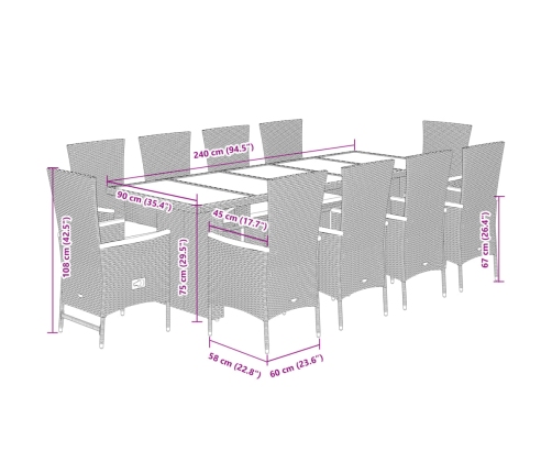 Set de comedor jardín 11 pzas con cojines ratán sintético negro