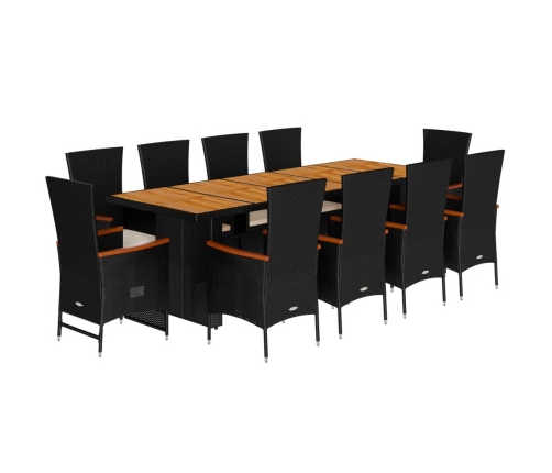 Set de comedor jardín 11 pzas con cojines ratán sintético negro