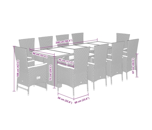 Set de comedor jardín 11 pzas con cojines ratán sintético negro