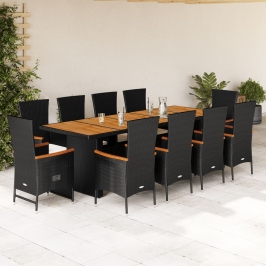 Set de comedor jardín 11 pzas con cojines ratán sintético negro