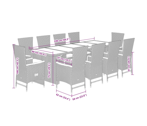 Set de comedor jardín 11 pzas con cojines ratán sintético negro