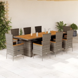 Set comedor jardín 9 pzas y cojines ratán sintético gris