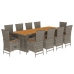 Set de comedor de jardín 11 pzas y cojines ratán sintético gris