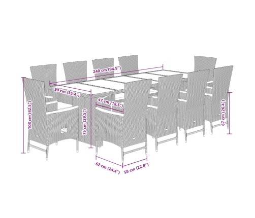 Set de comedor de jardín 11 pzas y cojines ratán sintético gris