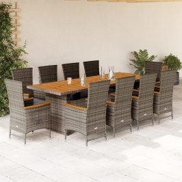 Set de comedor de jardín 11 pzas y cojines ratán sintético gris