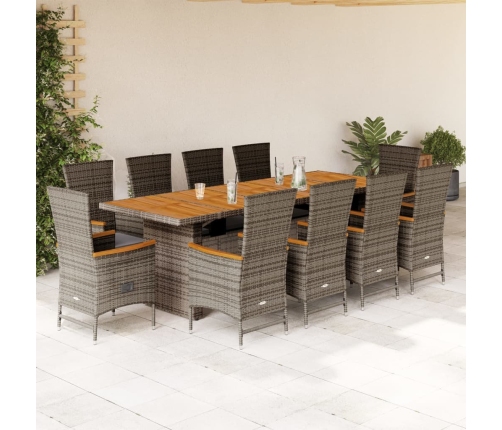 Set de comedor de jardín 11 pzas y cojines ratán sintético gris
