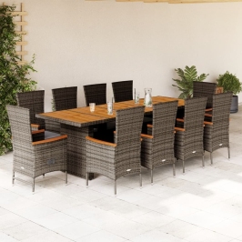 Set de comedor de jardín 11 pzas y cojines ratán sintético gris