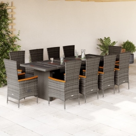 Set de comedor de jardín 11 pzas y cojines ratán sintético gris