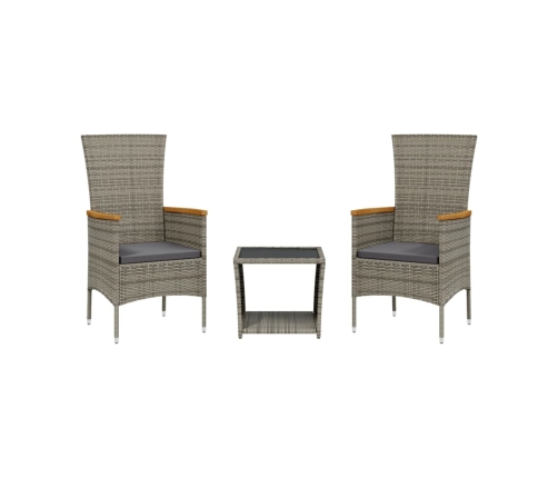 Set comedor de jardín 3 piezas con cojines ratán sintético gris