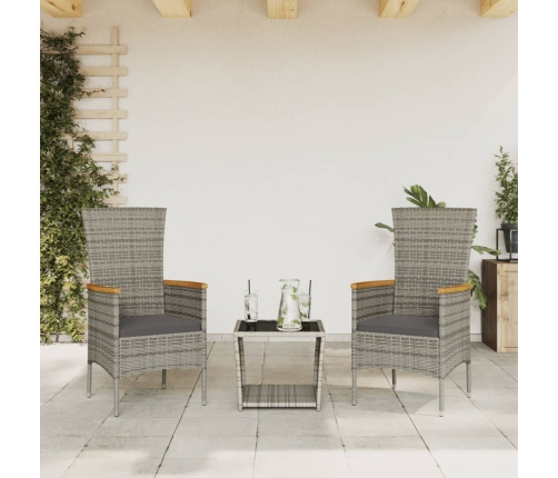 Set comedor de jardín 3 piezas con cojines ratán sintético gris