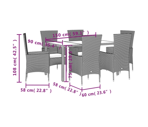 Set comedor de jardín 7 pzas con cojines ratán sintético beige