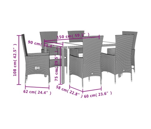 Set comedor de jardín 7 pzas con cojines ratán sintético beige
