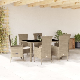 Set comedor de jardín 7 pzas con cojines ratán sintético beige