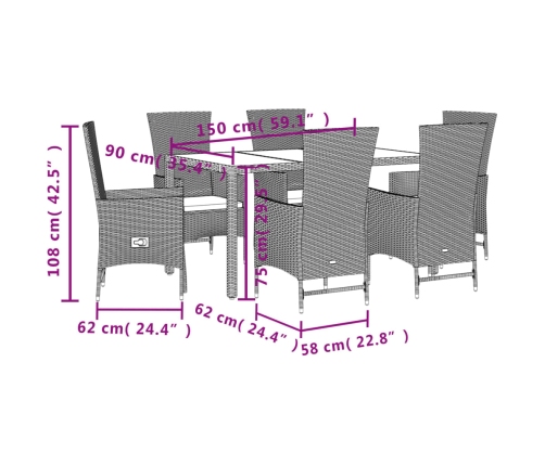 Set comedor de jardín 7 pzas con cojines ratán sintético beige