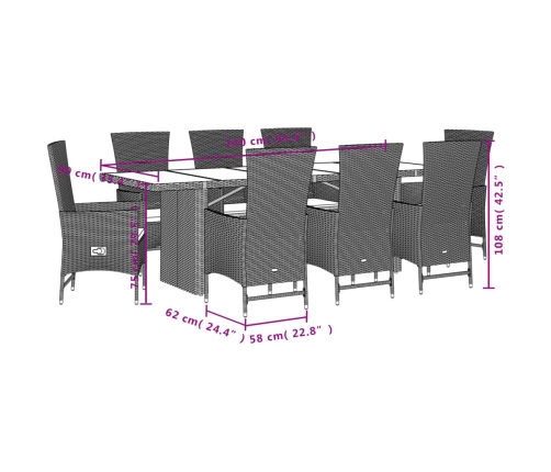 Set comedor de jardín 9 pzas con cojines ratán sintético beige