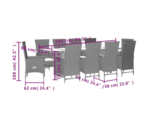 Set comedor de jardín 11 pzas con cojines ratán sintético beige