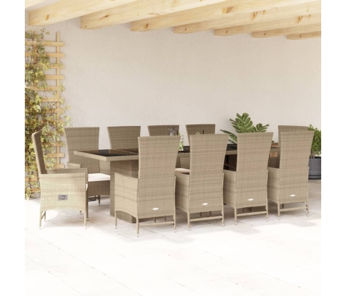 Set comedor de jardín 11 pzas con cojines ratán sintético beige