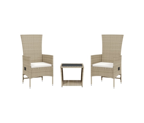 Set comedor de jardín 3 pzas con cojines ratán sintético beige