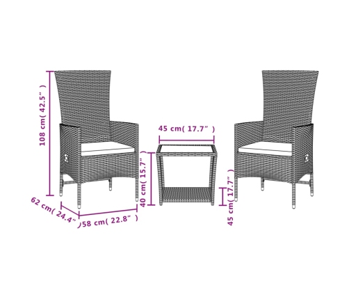 Set comedor de jardín 3 pzas con cojines ratán sintético beige