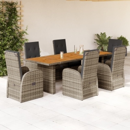Set comedor jardín 7 pzas y cojines ratán sintético gris