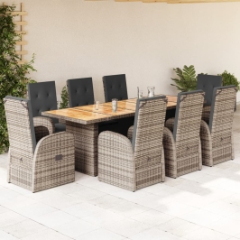 Set comedor jardín 9 pzas y cojines ratán sintético gris