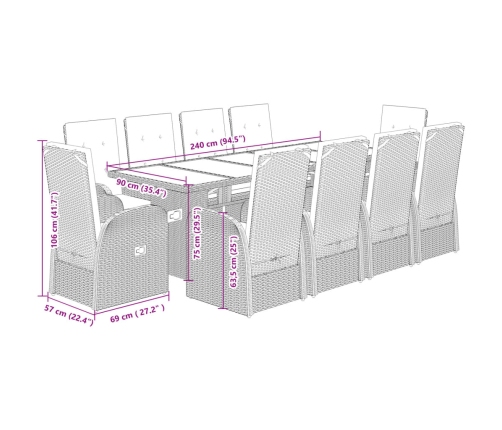 Set de comedor de jardín 11 pzas y cojines ratán sintético gris