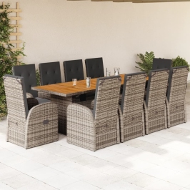 Set de comedor de jardín 11 pzas y cojines ratán sintético gris
