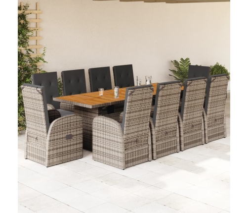 Set de comedor de jardín 11 pzas y cojines ratán sintético gris