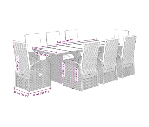 Set comedor jardín 9 pzas y cojines ratán sintético gris