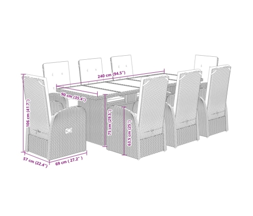 Set comedor jardín 9 pzas y cojines ratán sintético gris