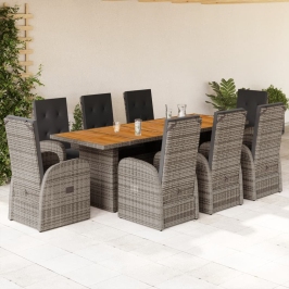 Set comedor jardín 9 pzas y cojines ratán sintético gris