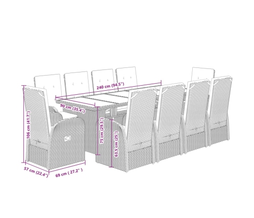 Set de comedor de jardín 11 pzas y cojines ratán sintético gris
