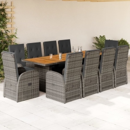 Set de comedor de jardín 11 pzas y cojines ratán sintético gris