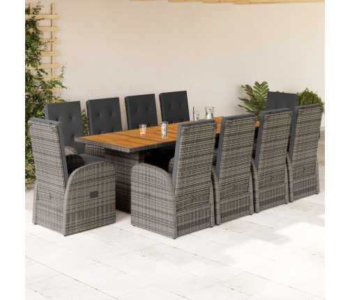 Set de comedor de jardín 11 pzas y cojines ratán sintético gris