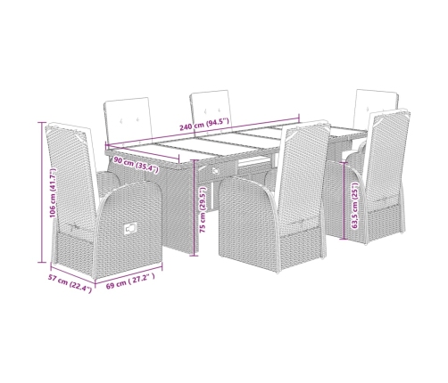 Set comedor jardín 7 pzas y cojines ratán sintético gris