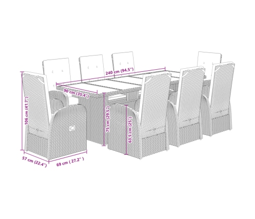 Set comedor jardín 9 pzas y cojines ratán sintético gris