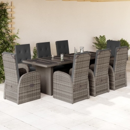 Set comedor jardín 9 pzas y cojines ratán sintético gris