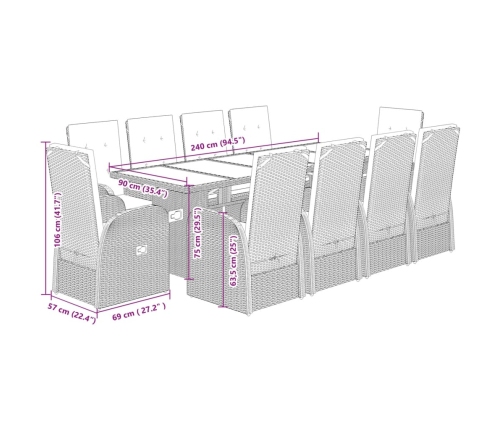 Set de comedor de jardín 11 pzas y cojines ratán sintético gris