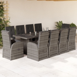 Set de comedor de jardín 11 pzas y cojines ratán sintético gris