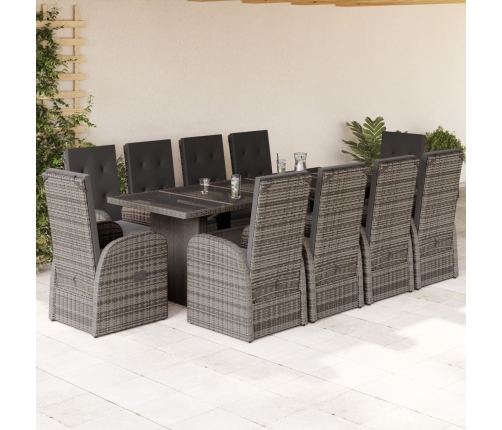 Set de comedor de jardín 11 pzas y cojines ratán sintético gris