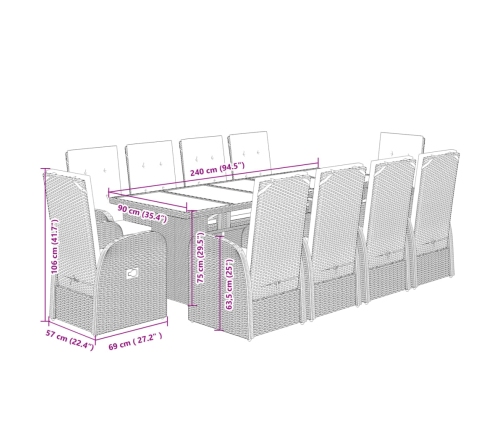 Set comedor jardín 9 pzas y cojines ratán sintético gris