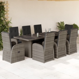 Set comedor jardín 9 pzas y cojines ratán sintético gris