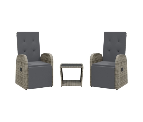 Set comedor de jardín 3 piezas con cojines ratán sintético gris